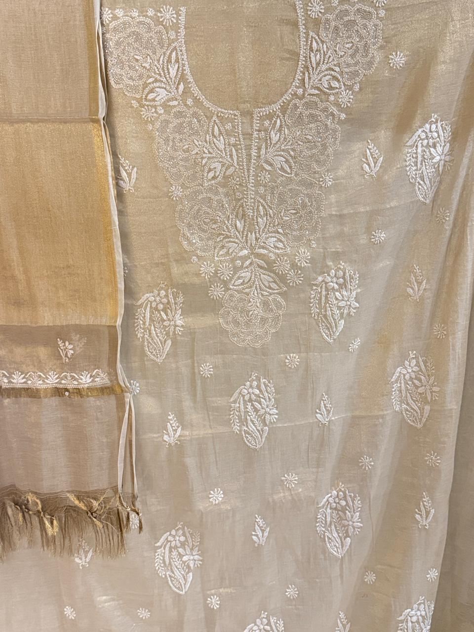 Jalsa - Golden Tissue Kurta Cloth with Dupatta with Cut Pearl Work