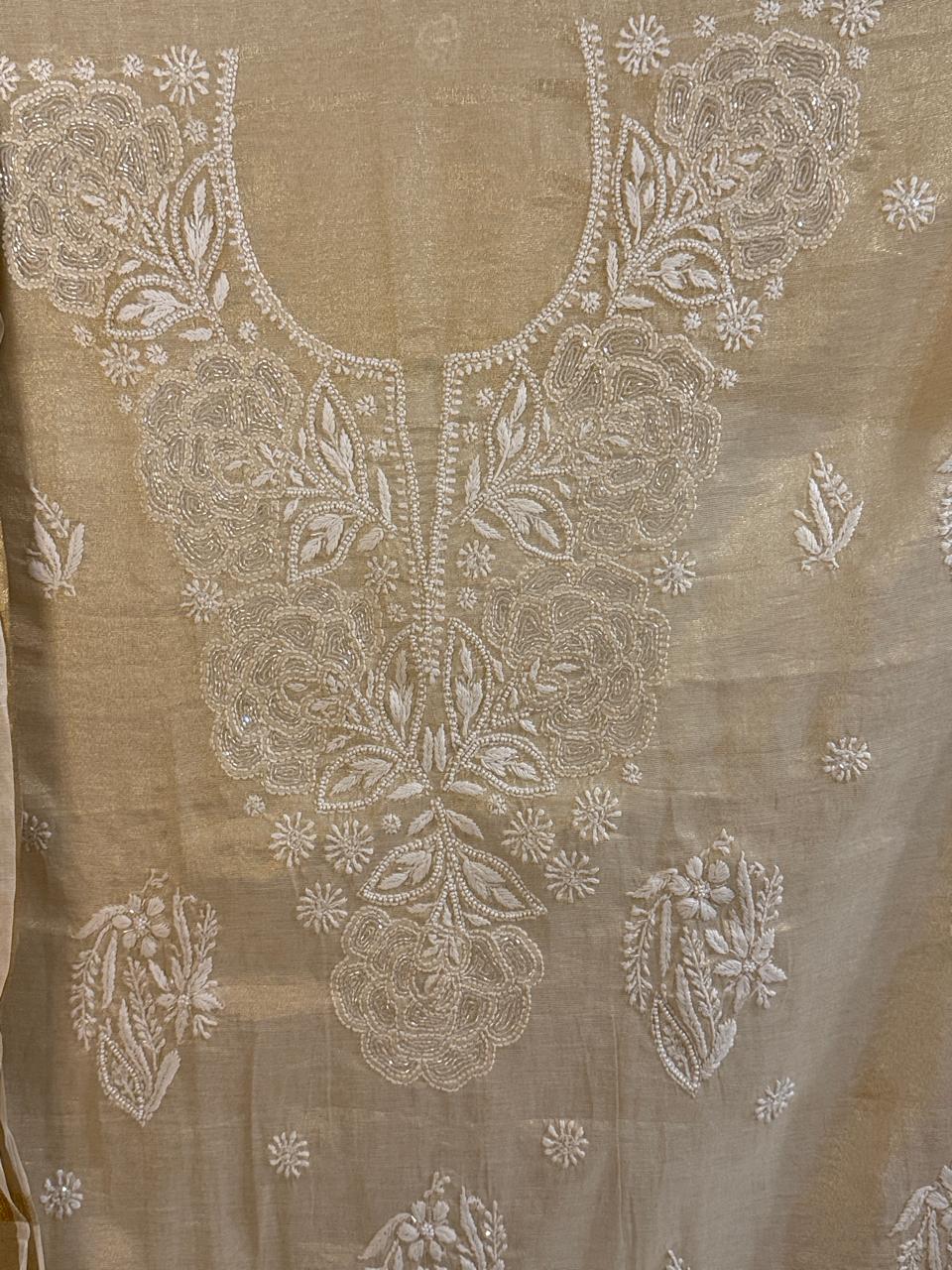 Jalsa - Golden Tissue Kurta Cloth with Dupatta with Cut Pearl Work