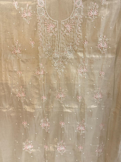 Zarrah - Rose Gold Tissue Kurta Cloth with Dupatta with Pearl Work
