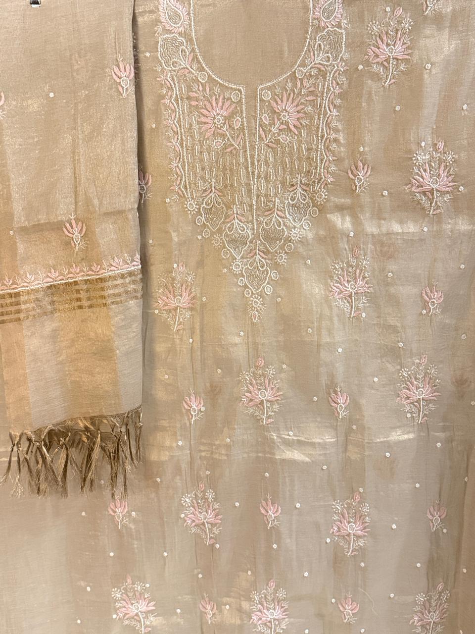 Zarrah - Rose Gold Tissue Kurta Cloth with Dupatta with Pearl Work