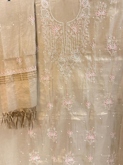 Zarrah - Rose Gold Tissue Kurta Cloth with Dupatta with Pearl Work