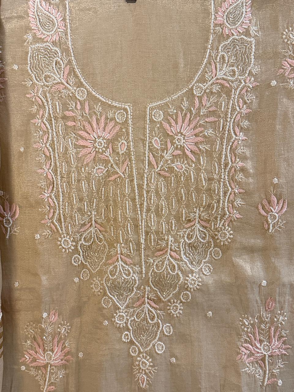 Zarrah - Rose Gold Tissue Kurta Cloth with Dupatta with Pearl Work