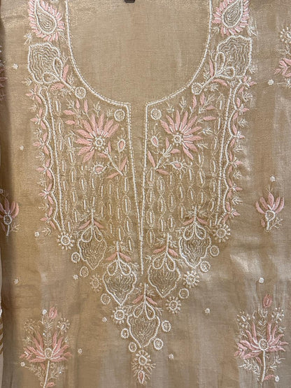 Zarrah - Rose Gold Tissue Kurta Cloth with Dupatta with Pearl Work