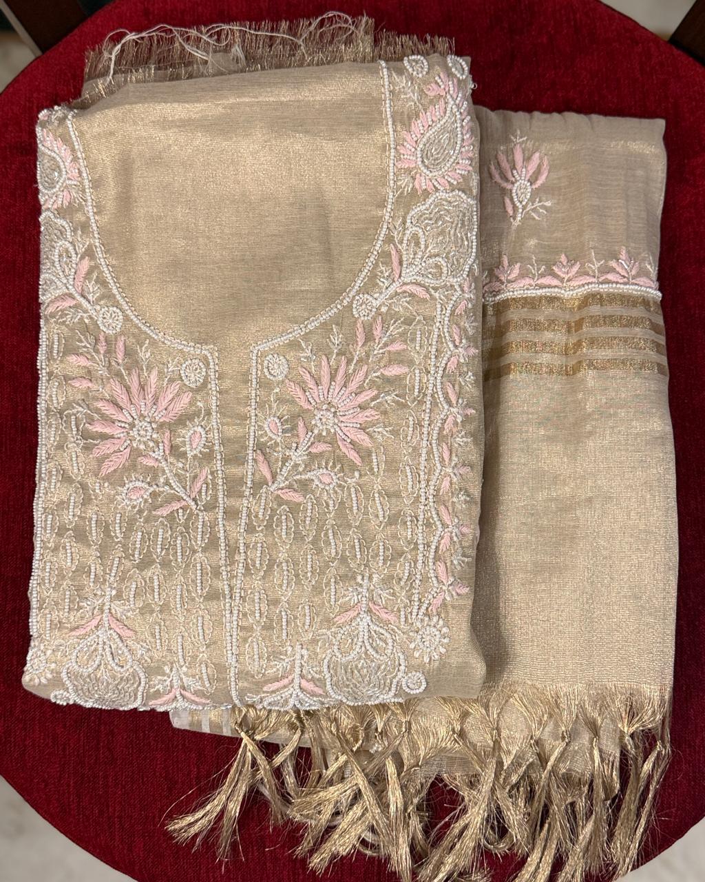 Zarrah - Rose Gold Tissue Kurta Cloth with Dupatta with Pearl Work