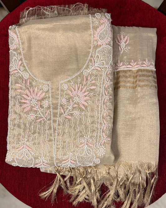 Zarrah - Rose Gold Tissue Kurta Cloth with Dupatta with Pearl Work