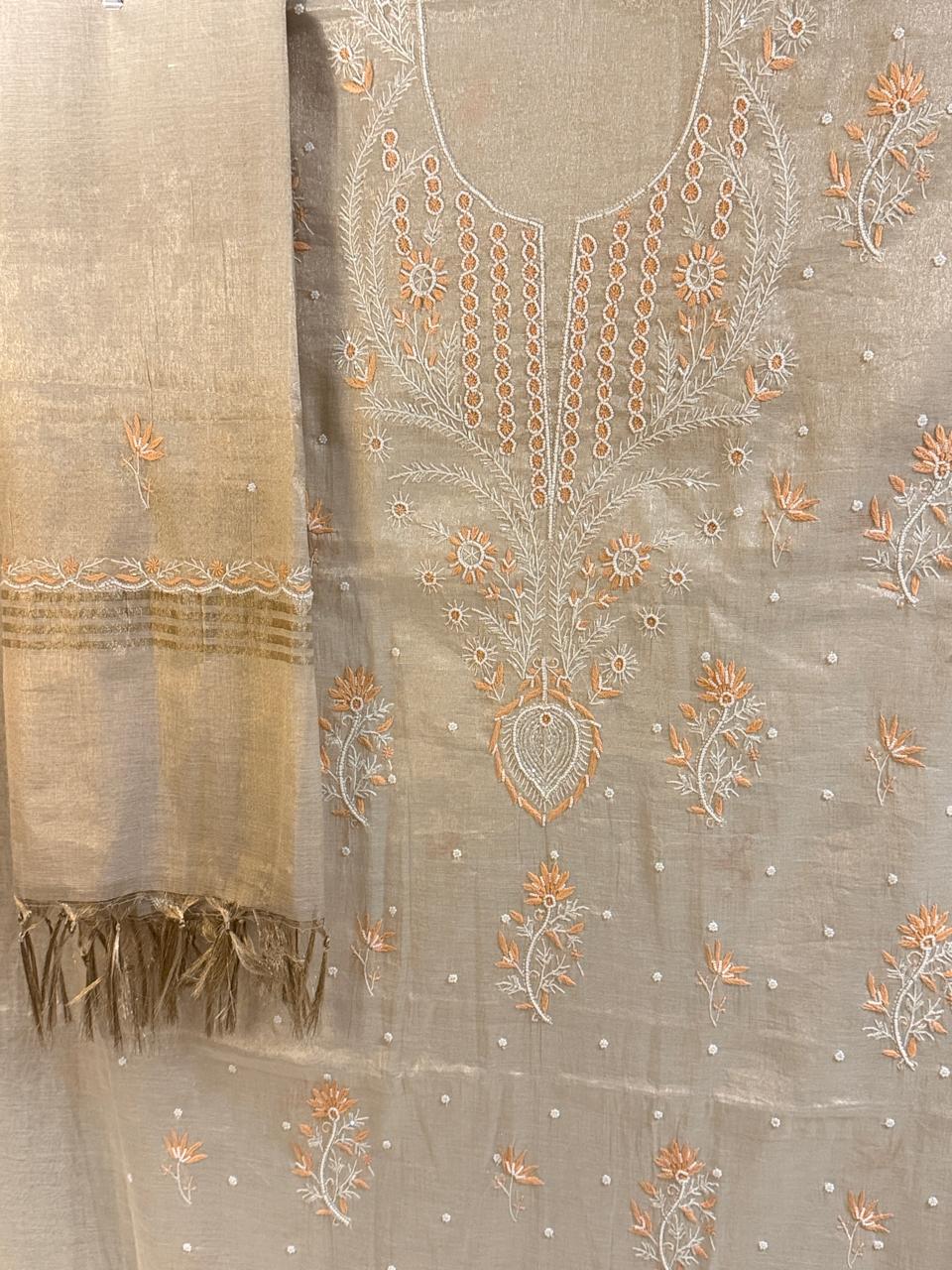 Suroor - Rose Gold Tissue Kurta Cloth and Dupatta with Pearl Work