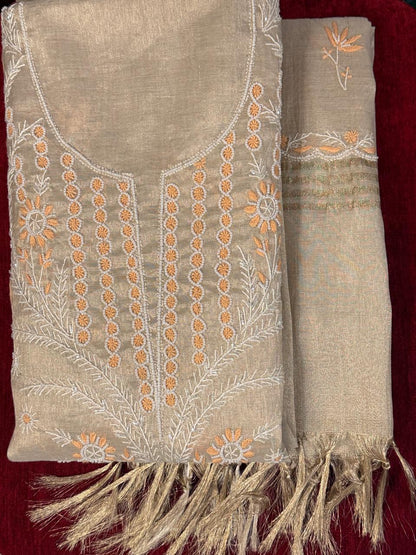 Suroor - Rose Gold Tissue Kurta Cloth and Dupatta with Pearl Work