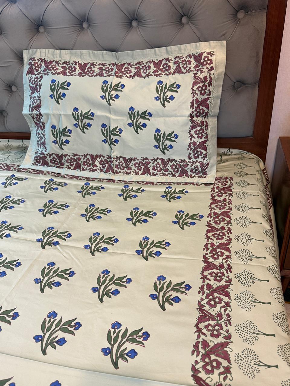 Garden Bloom – Hand Block Printed Single Bedsheet Set (Large)