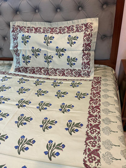 Garden Bloom – Hand Block Printed Single Bedsheet Set (Large)