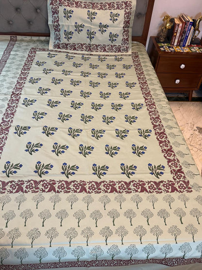 Garden Bloom – Hand Block Printed Single Bedsheet Set (Large)