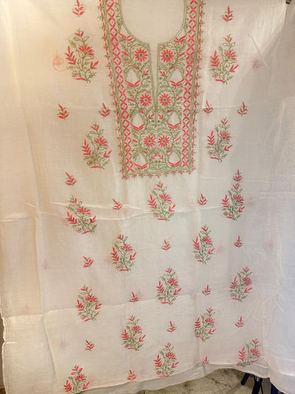 Gulabi - Kurta Material with Dupatta in White Mul Chanderi