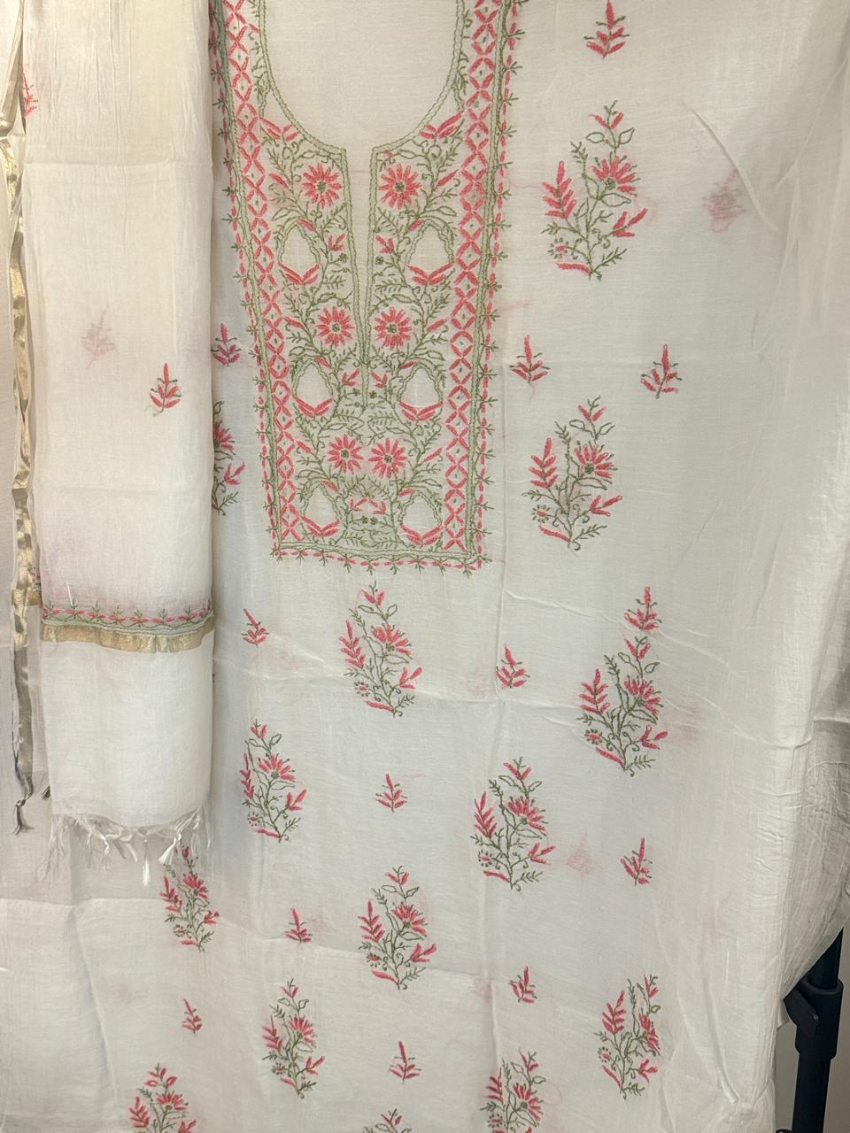 Gulabi - Kurta Material with Dupatta in White Mul Chanderi