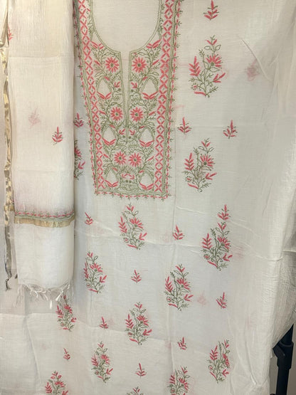 Gulabi - Kurta Material with Dupatta in White Mul Chanderi