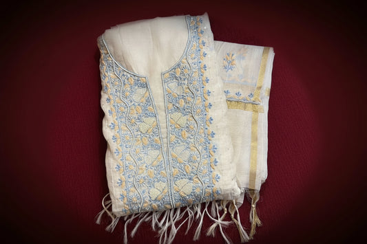 Tara - Kurta Material with Dupatta in White Mul Chanderi with Pearl, Beads and Sequin Work