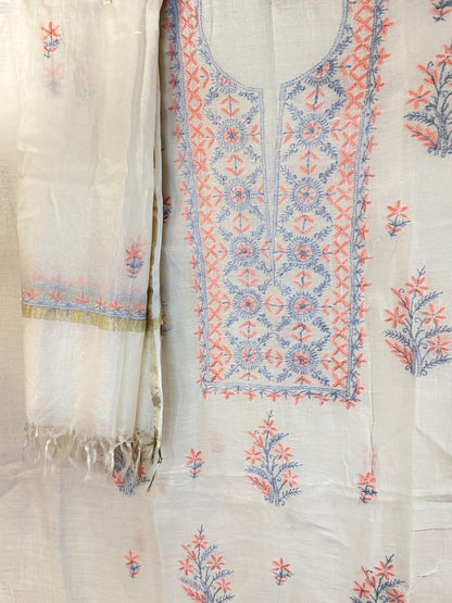 Chand - Kurta Material with Dupatta in White Mul Chanderi