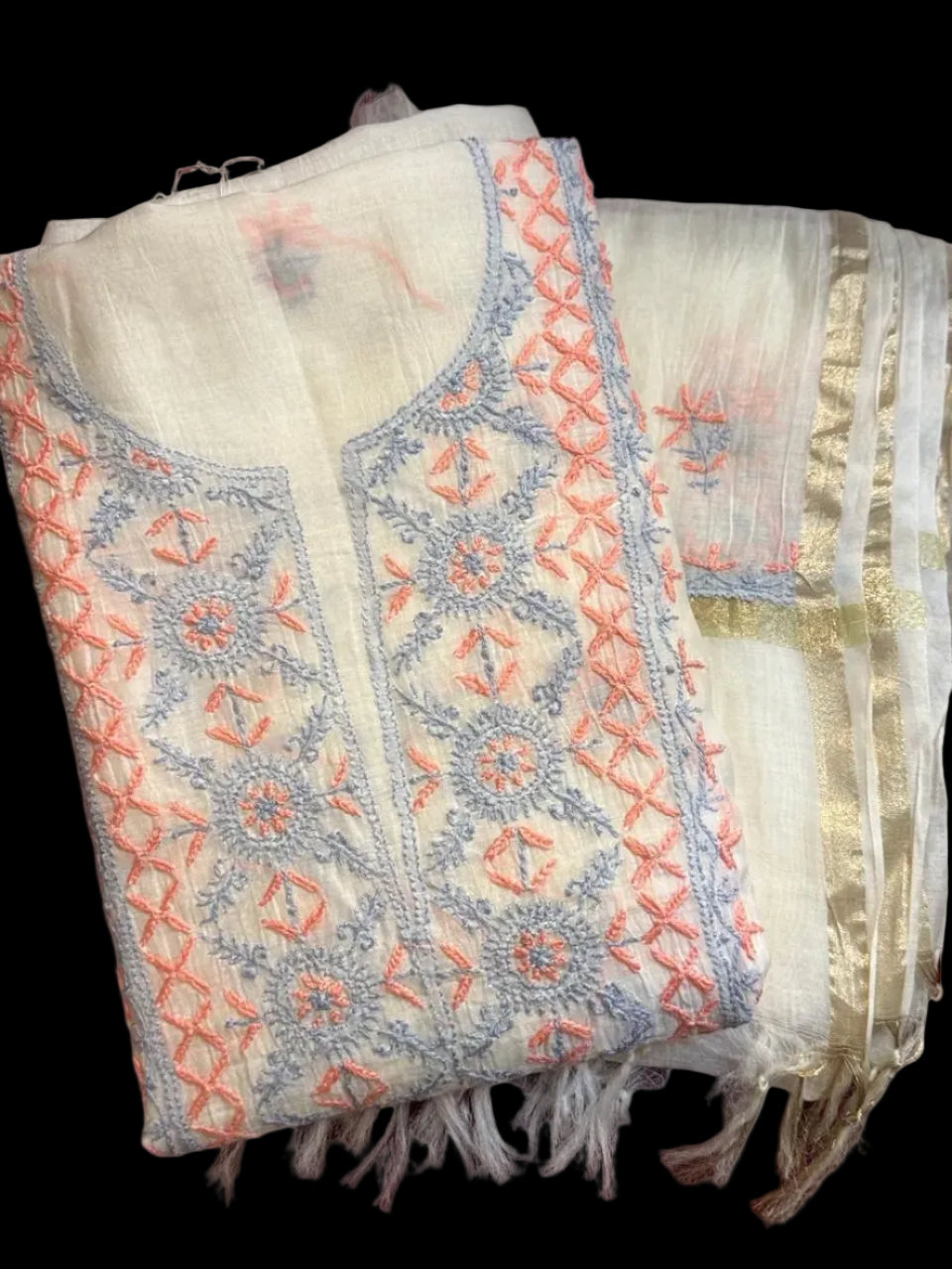 Chand - Kurta Material with Dupatta in White Mul Chanderi