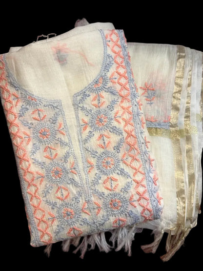 Chand - Kurta Material with Dupatta in White Mul Chanderi