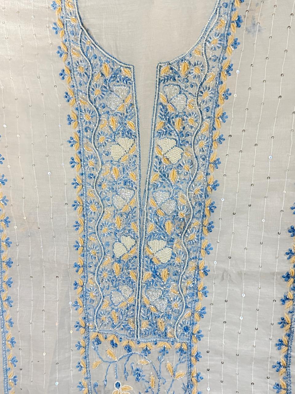 Tara - Kurta Material with Dupatta in White Mul Chanderi with Pearl, Beads and Sequin Work