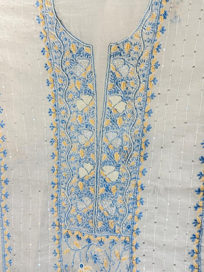 Tara - Kurta Material with Dupatta in White Mul Chanderi with Pearl, Beads and Sequin Work