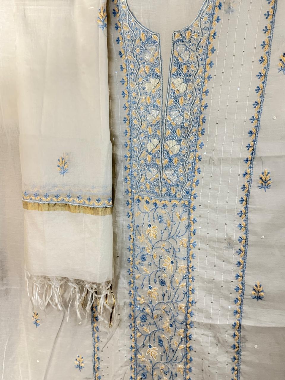 Tara - Kurta Material with Dupatta in White Mul Chanderi with Pearl, Beads and Sequin Work