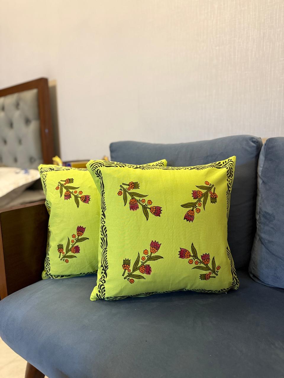 Spring Meadow – Lime Green Cotton Cushion Covers (Set of 2)