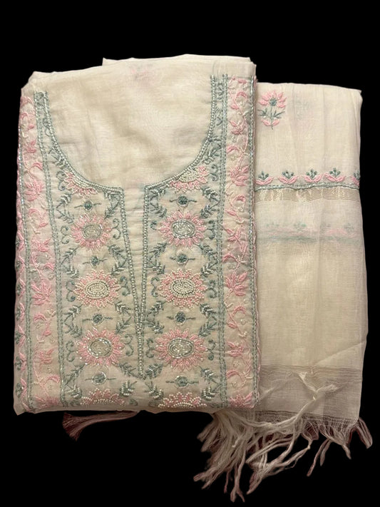 Samya - Kurta Material with Dupatta in White Mul Chanderi with Pearl and Cut Daana Work
