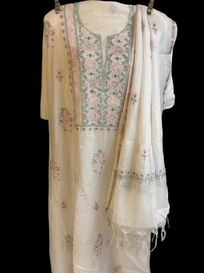 Samya - Kurta Material with Dupatta in White Mul Chanderi with Pearl and Cut Daana Work