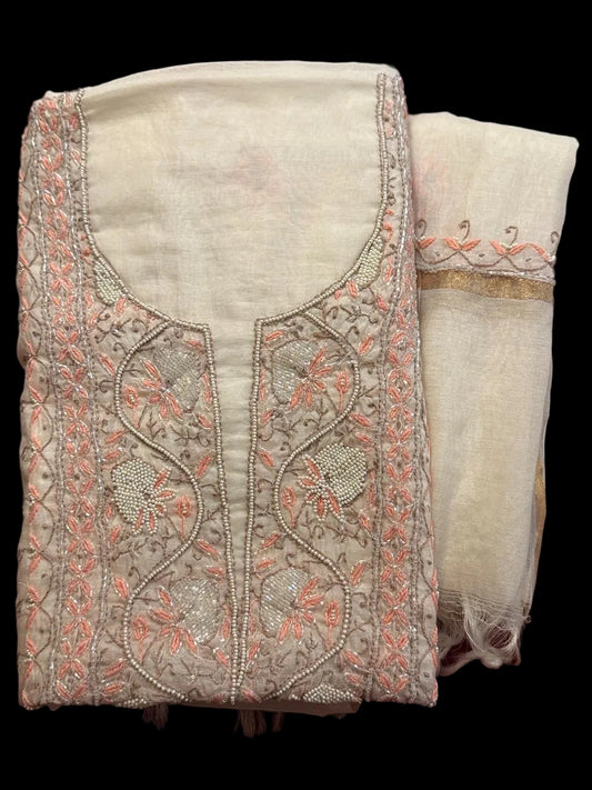 Abha - Kurta Material with Dupatta in White Mul Chanderi with Pearl and Cut Daana Work