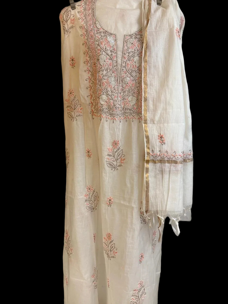 Abha - Kurta Material with Dupatta in White Mul Chanderi with Pearl and Cut Daana Work