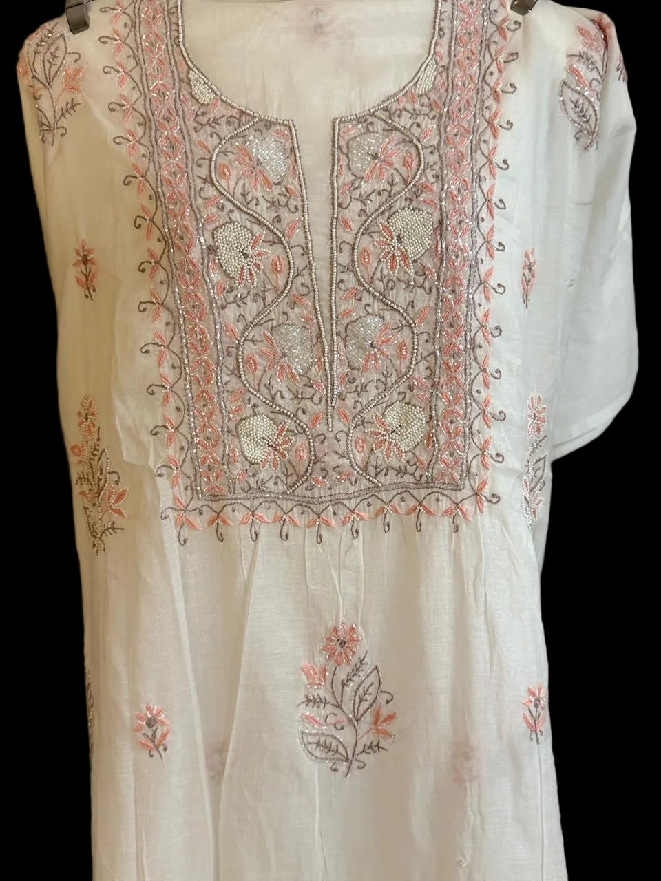 Abha - Kurta Material with Dupatta in White Mul Chanderi with Pearl and Cut Daana Work