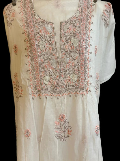 Abha - Kurta Material with Dupatta in White Mul Chanderi with Pearl and Cut Daana Work