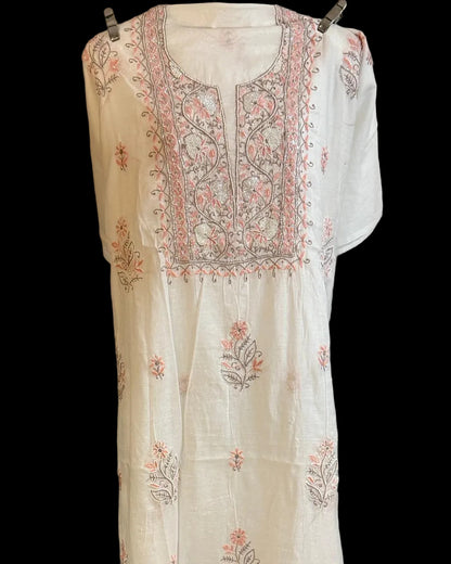 Abha - Kurta Material with Dupatta in White Mul Chanderi with Pearl and Cut Daana Work