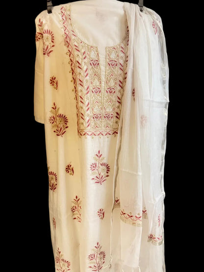 Aarohi - Kurta Material with Dupatta in White Mul Chanderi with Pearl and Cut Daana Work