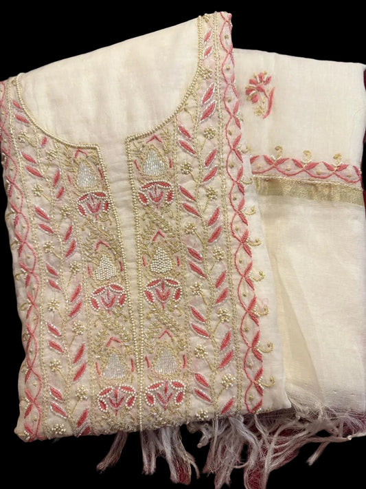 Aarohi - Kurta Material with Dupatta in White Mul Chanderi with Pearl and Cut Daana Work