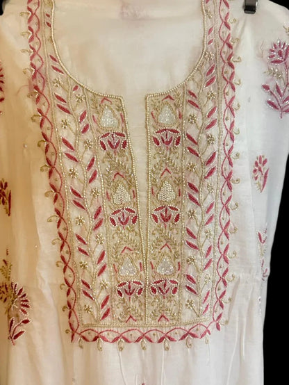 Aarohi - Kurta Material with Dupatta in White Mul Chanderi with Pearl and Cut Daana Work
