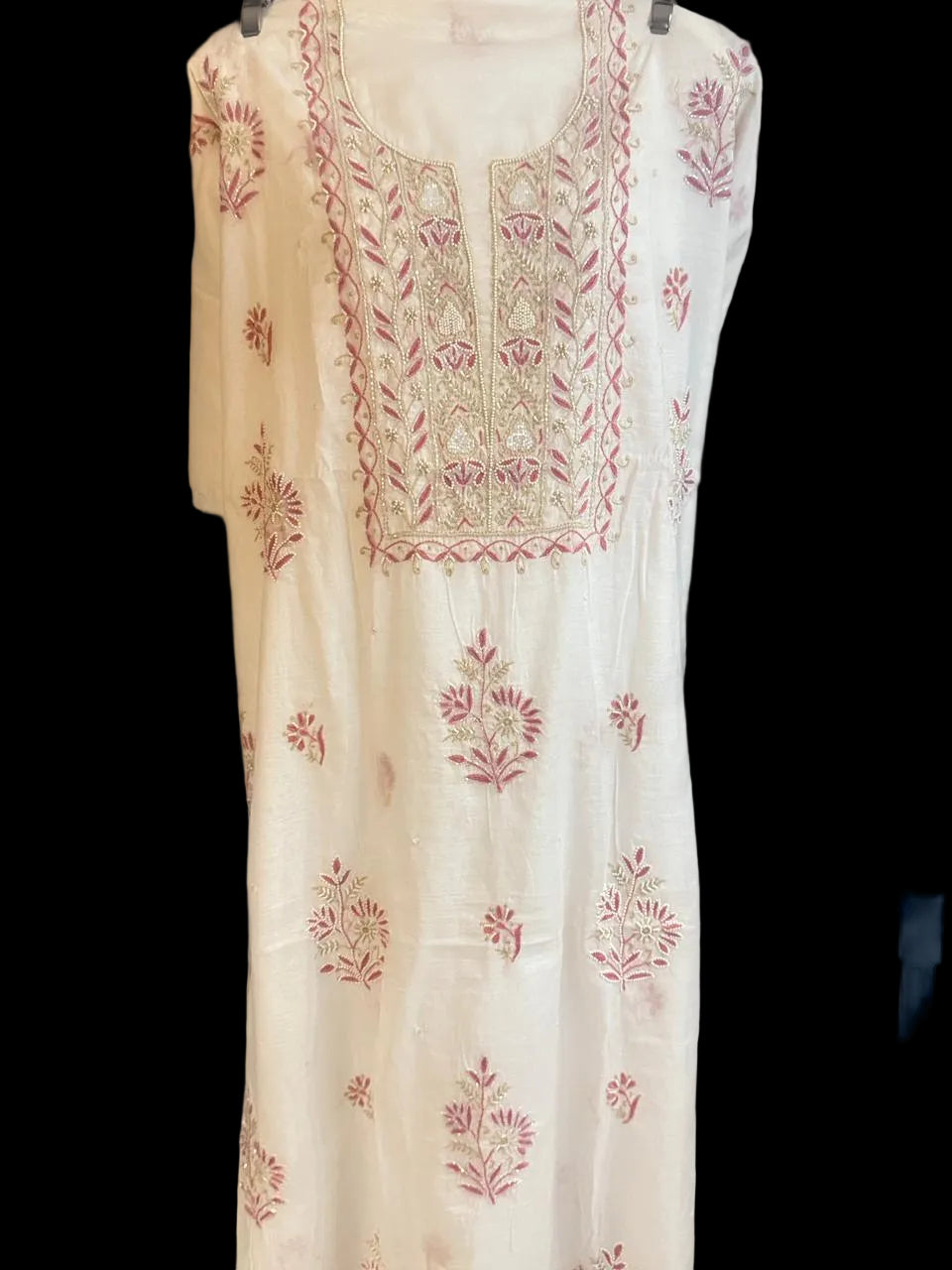 Aarohi - Kurta Material with Dupatta in White Mul Chanderi with Pearl and Cut Daana Work