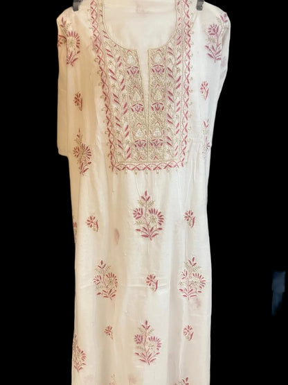 Aarohi - Kurta Material with Dupatta in White Mul Chanderi with Pearl and Cut Daana Work