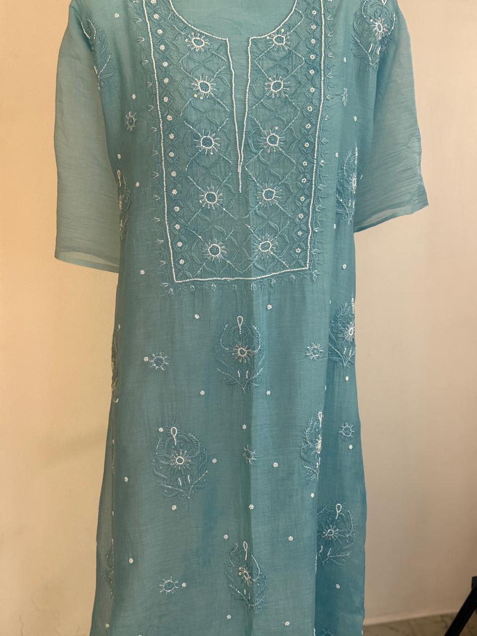 Saira - Kurta Material with Dupatta in Teal Mul Chanderi with Pearl and Sequin Work