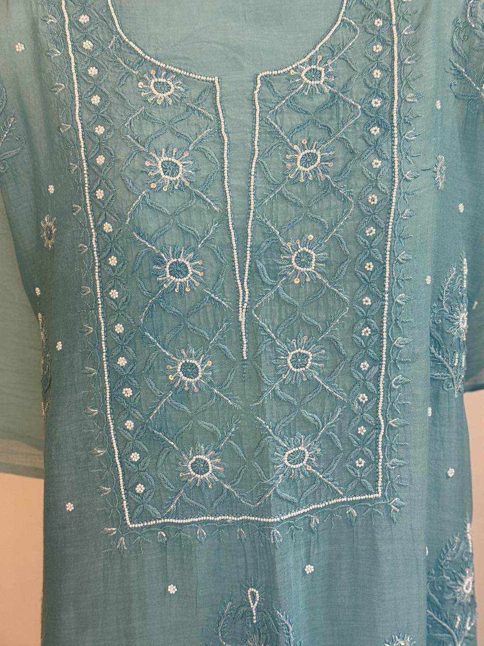 Saira - Kurta Material with Dupatta in Teal Mul Chanderi with Pearl and Sequin Work
