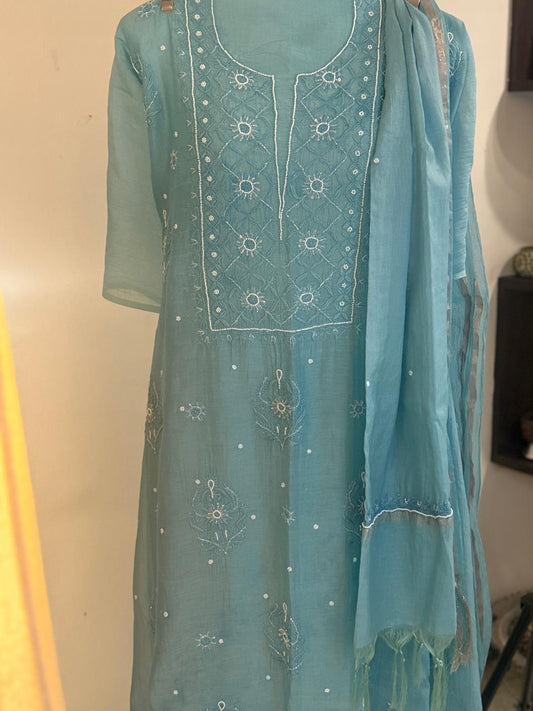 Saira - Kurta Material with Dupatta in Teal Mul Chanderi with Pearl and Sequin Work