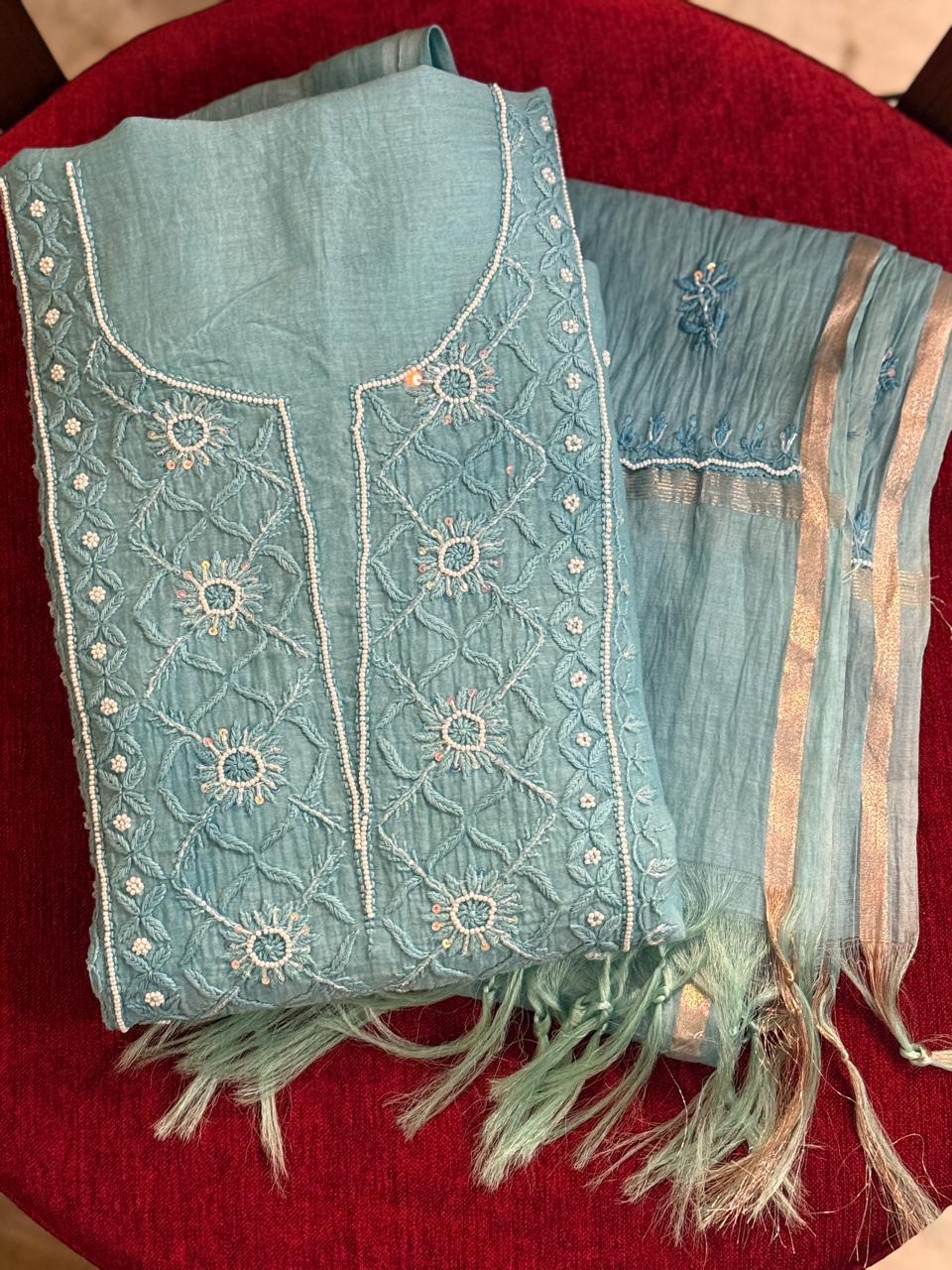 Saira - Kurta Material with Dupatta in Teal Mul Chanderi with Pearl and Sequin Work