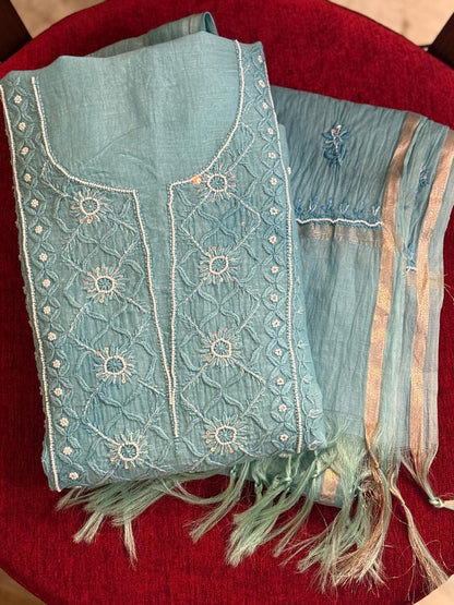 Saira - Kurta Material with Dupatta in Teal Mul Chanderi with Pearl and Sequin Work