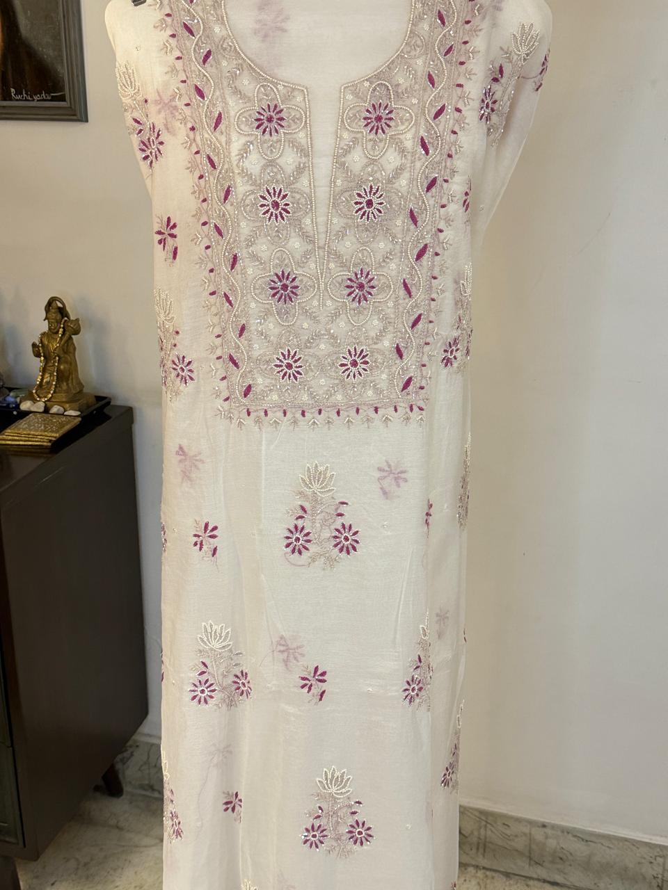 Ira - Kurta Material with Dupatta in White Mul Chanderi with Pearl and Cut Daana Work