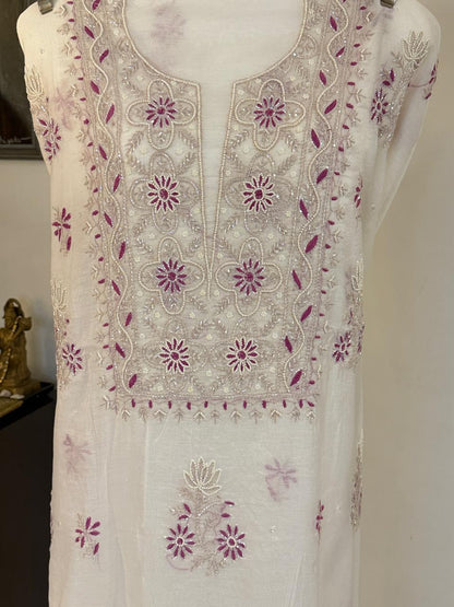 Ira - Kurta Material with Dupatta in White Mul Chanderi with Pearl and Cut Daana Work