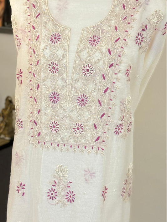 Ira - Kurta Material with Dupatta in White Mul Chanderi with Pearl and Cut Daana Work