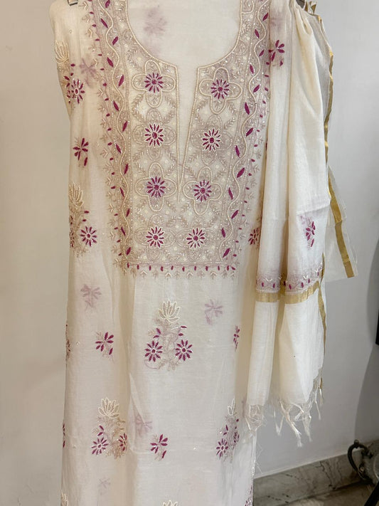 Ira - Kurta Material with Dupatta in White Mul Chanderi with Pearl and Cut Daana Work