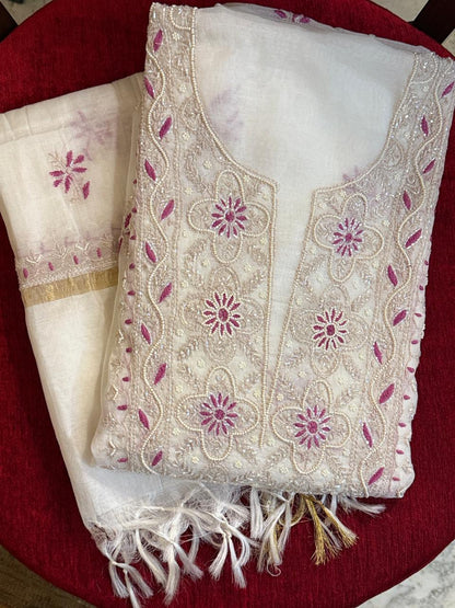 Ira - Kurta Material with Dupatta in White Mul Chanderi with Pearl and Cut Daana Work