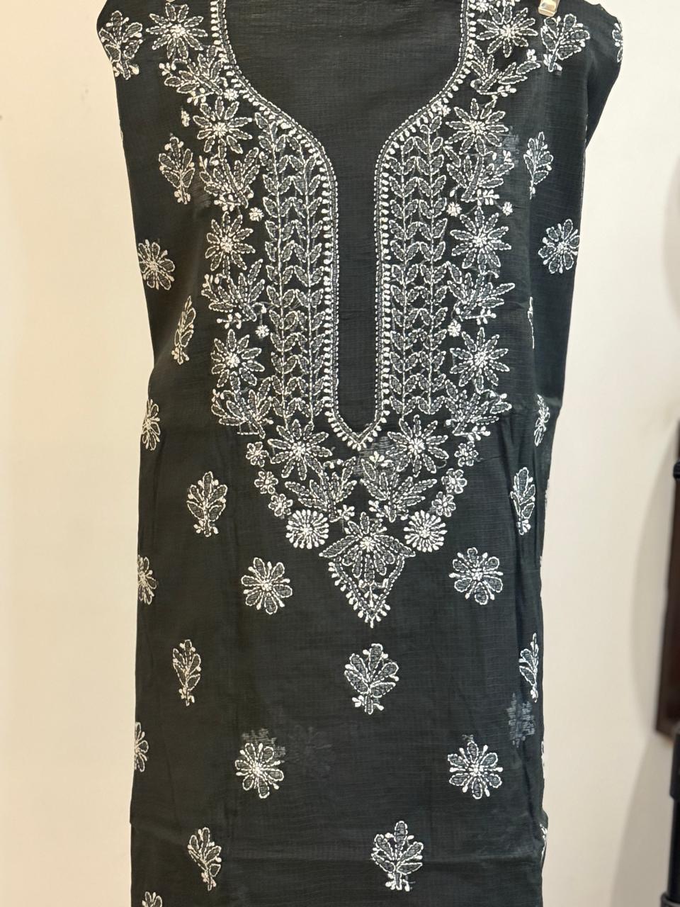 Riva - Kurta Material with Dupatta in Black Kota with White Chikankari Work