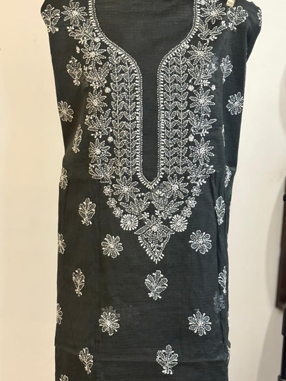 Riva - Kurta Material with Dupatta in Black Kota with White Chikankari Work