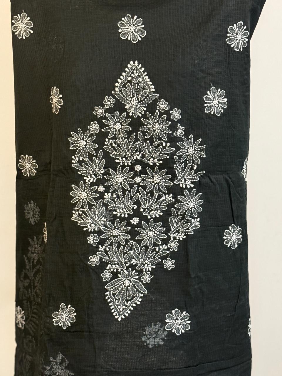 Riva - Kurta Material with Dupatta in Black Kota with White Chikankari Work